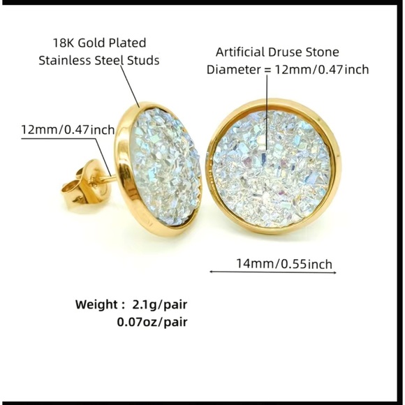 18K Gold Plated Green Blue Glitter and Gold Round Stud Earrings - Picture 5 of 6